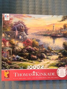 Thomas Kinkade Coastal Lighthouse Sunset Puzzle - Blue, Gold, Green